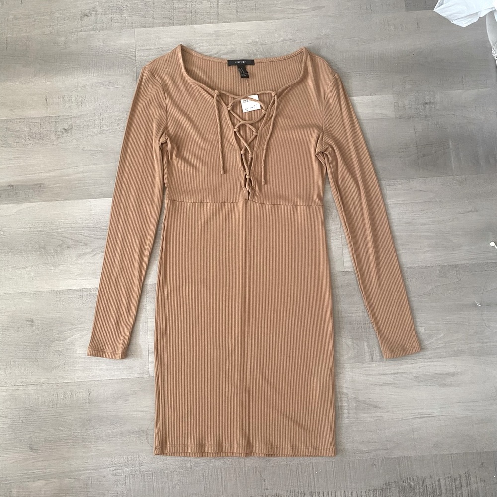 FOREVER21 TAN LOW CUT V DRESS